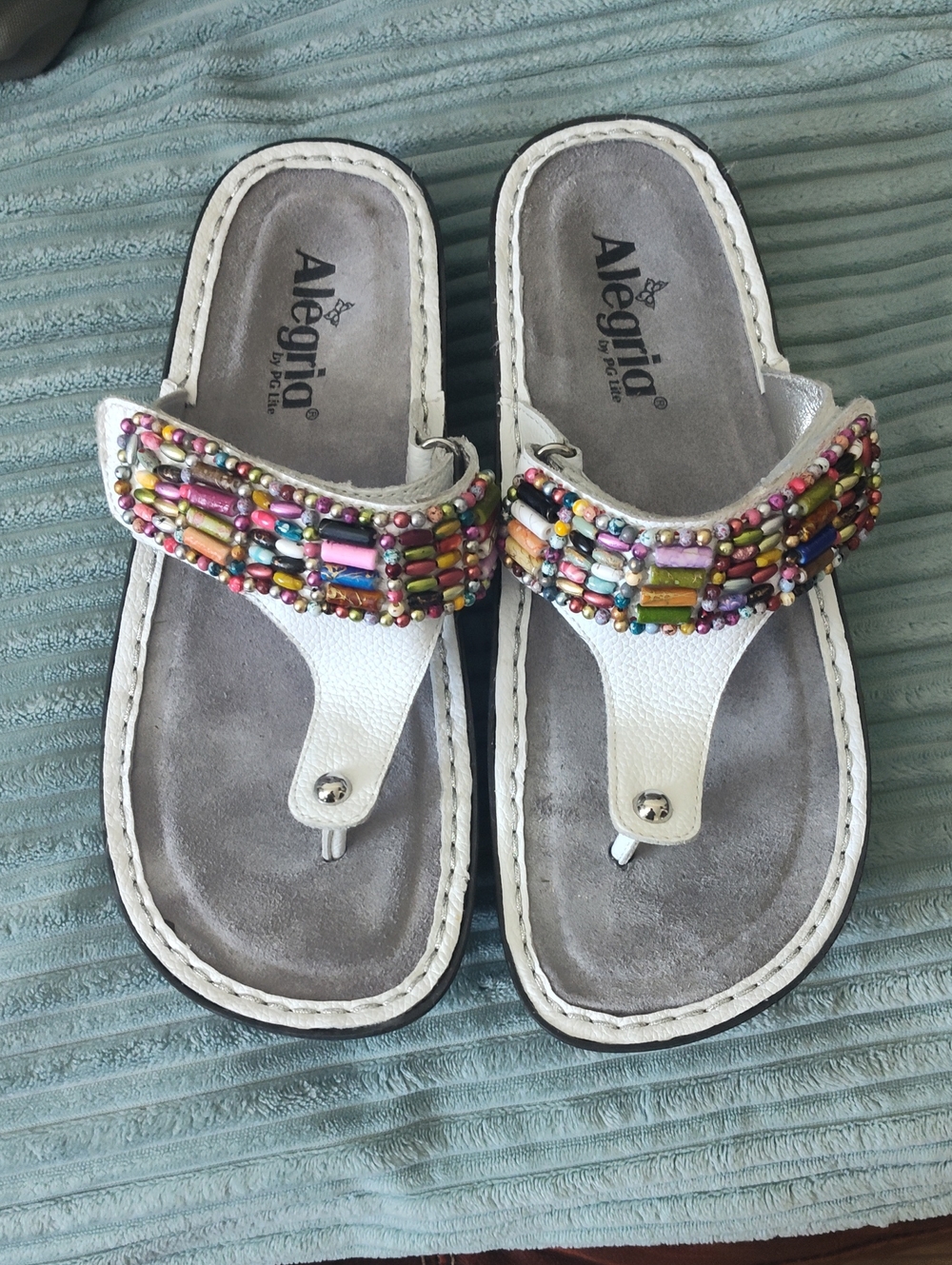 Alegria White Beaded Toe-Post Sandals with Multicolor Beads